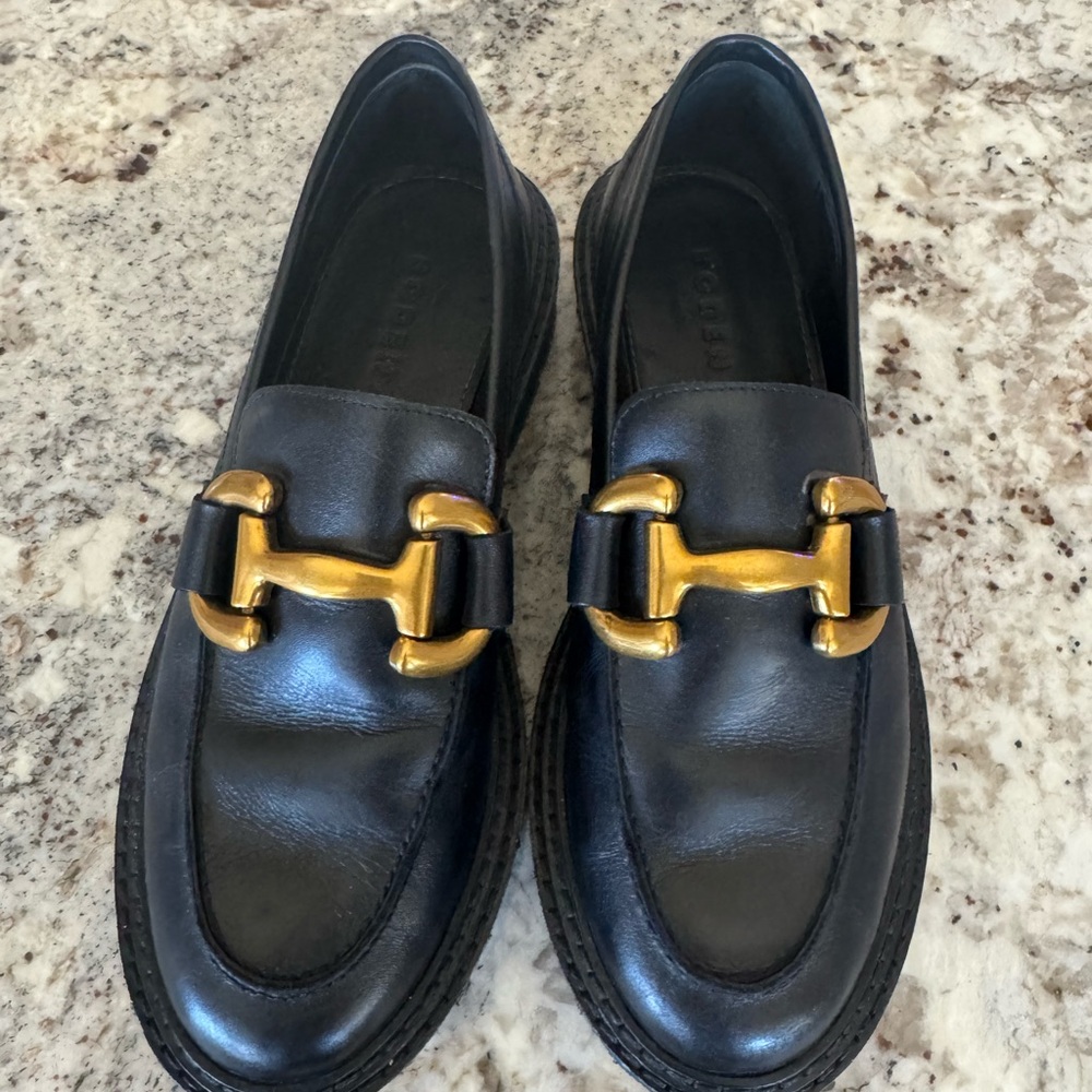 Boden Black Leather Loafers with Gold Horsebit Detail